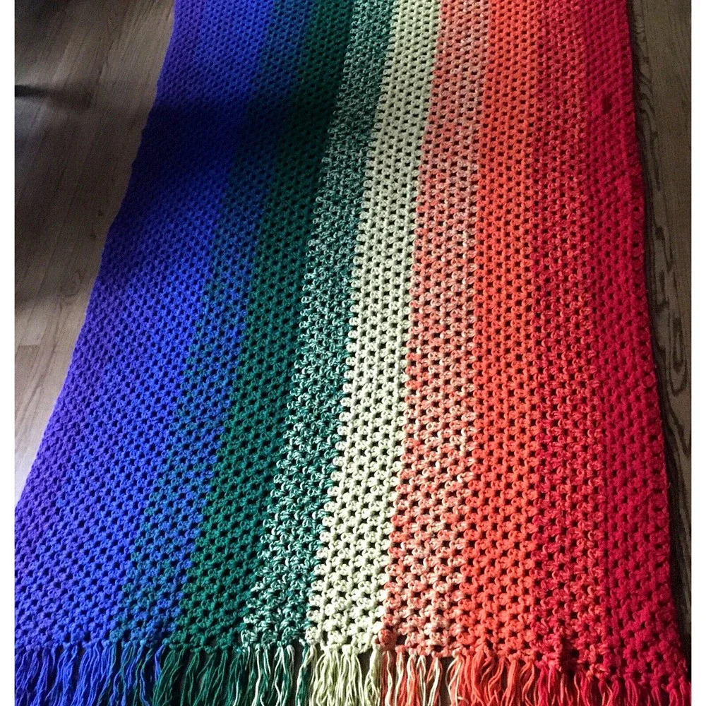 Handmade Crochet Rainbow Afghan Blanket Throw Fringe Edge 54W x 84L